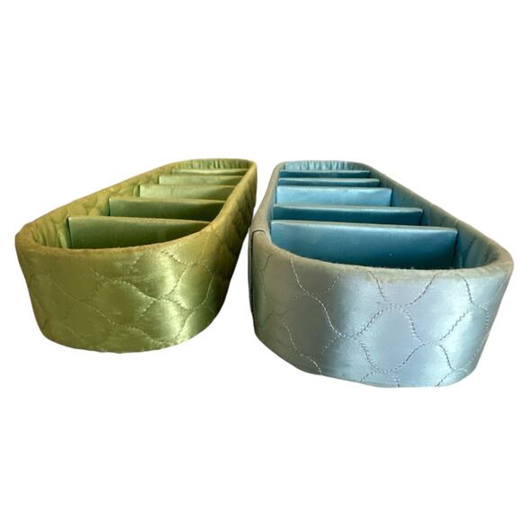 Set of 2 Vintage Quilted Blue Green Satin Dresser Vanity Storage Boxes - Picture 2 of 8